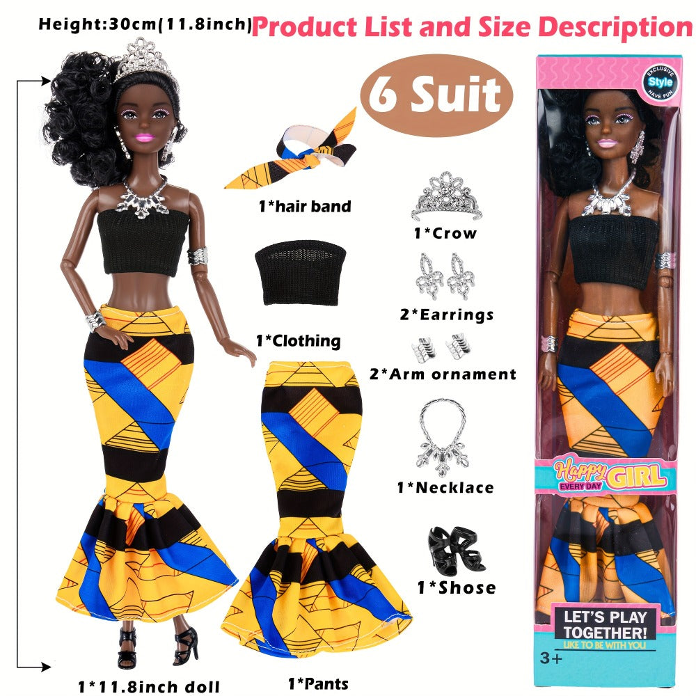 Six-Piece 11.5-Inch Fashion Doll Set with Curly-Hair Styles, Bohemian Outfits, Headbands and Jewelry — image 8