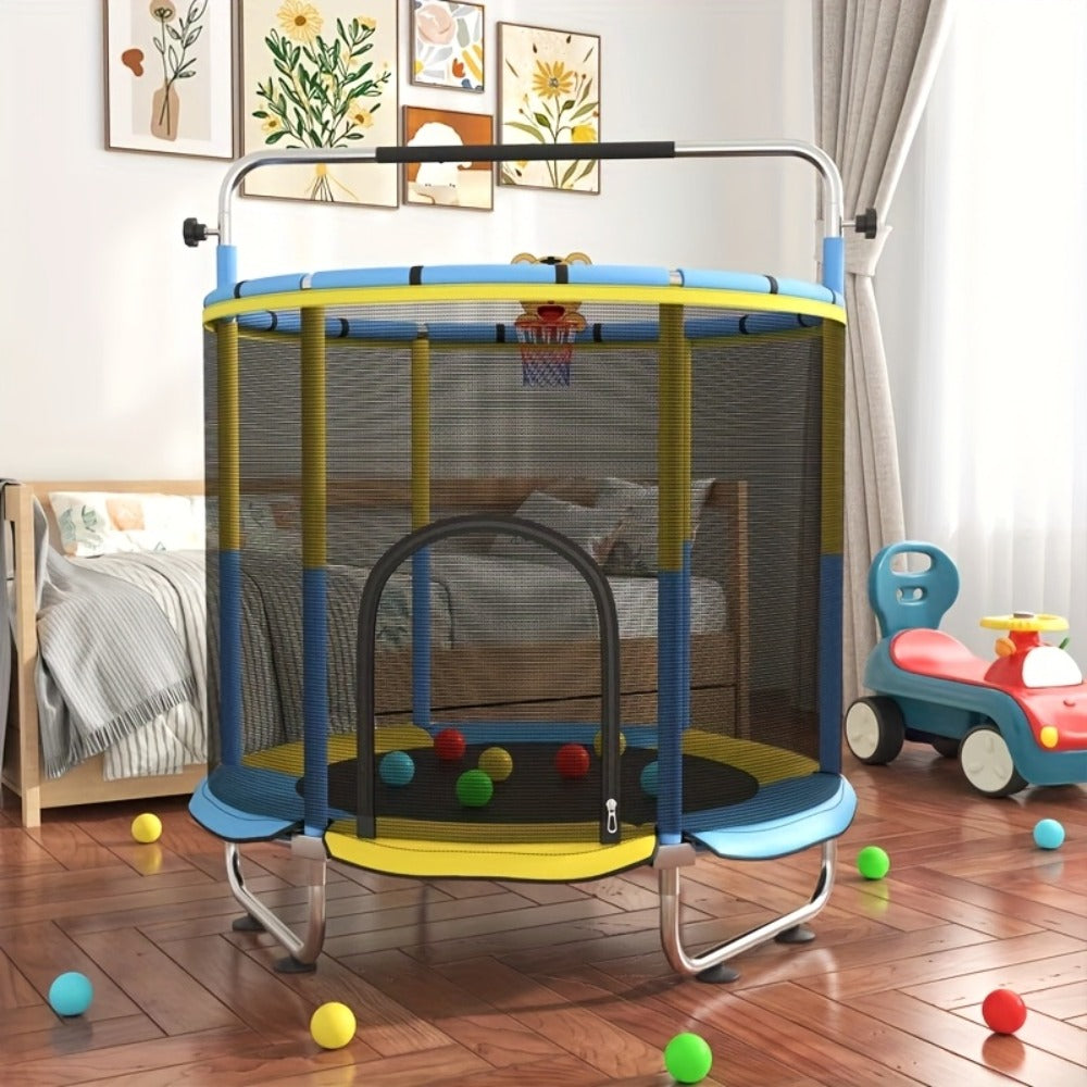60 Inch Trampoline with Enclosure and Gymnastics Bar, Height Adjustable Indoor Outdoor Round Trampoline with Toys for Kids — 