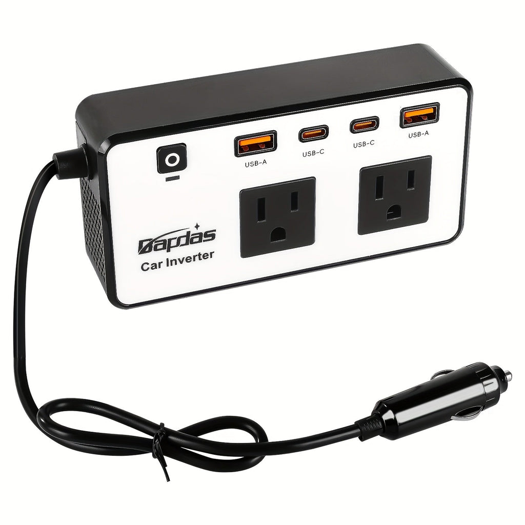 Car Inverter 200W DC 12V to AC 110V with Dual AC Outlets 24W USB-C Fast Charging 4 USB Ports Portable for Garden, Patio and Y