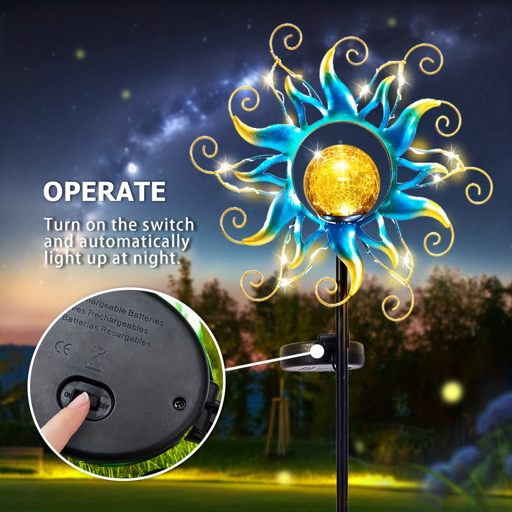 Solar Garden Lights Blue Sun-Shaped LED Stake, IPX4 Rated with Separate Solar Panel for Path Decor — image 10