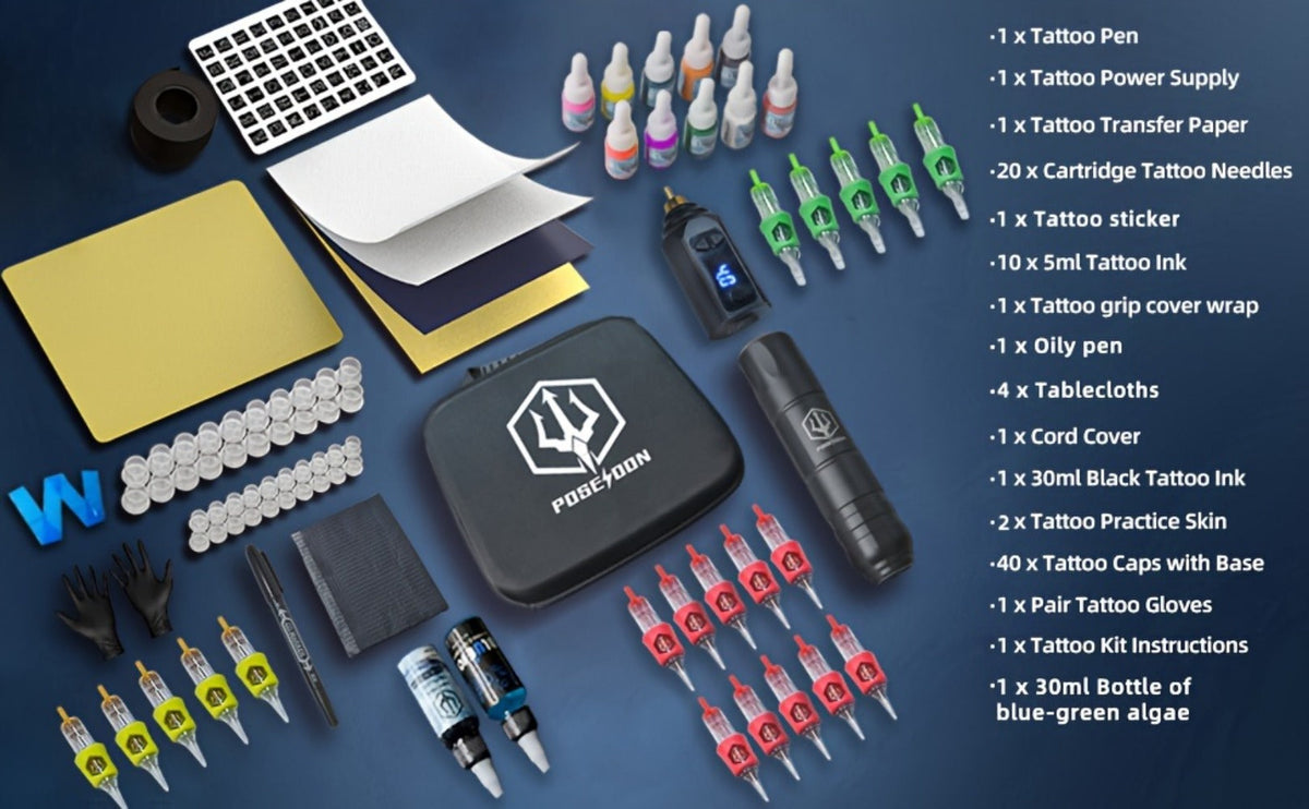 Tattoo Machine Kit POSEIDON TK035 Wireless Rotary Pen with LCD, 1500mAh Battery, 20 Cartridges and Practice Supplies — image 