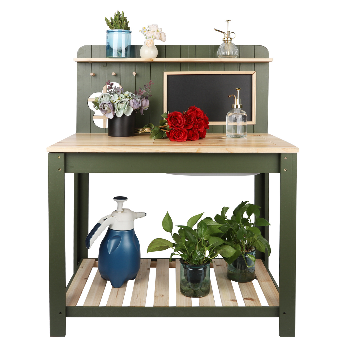 Potting Bench with Blackboard Removable Sink Hooks Double Shelf for Garden — image 17