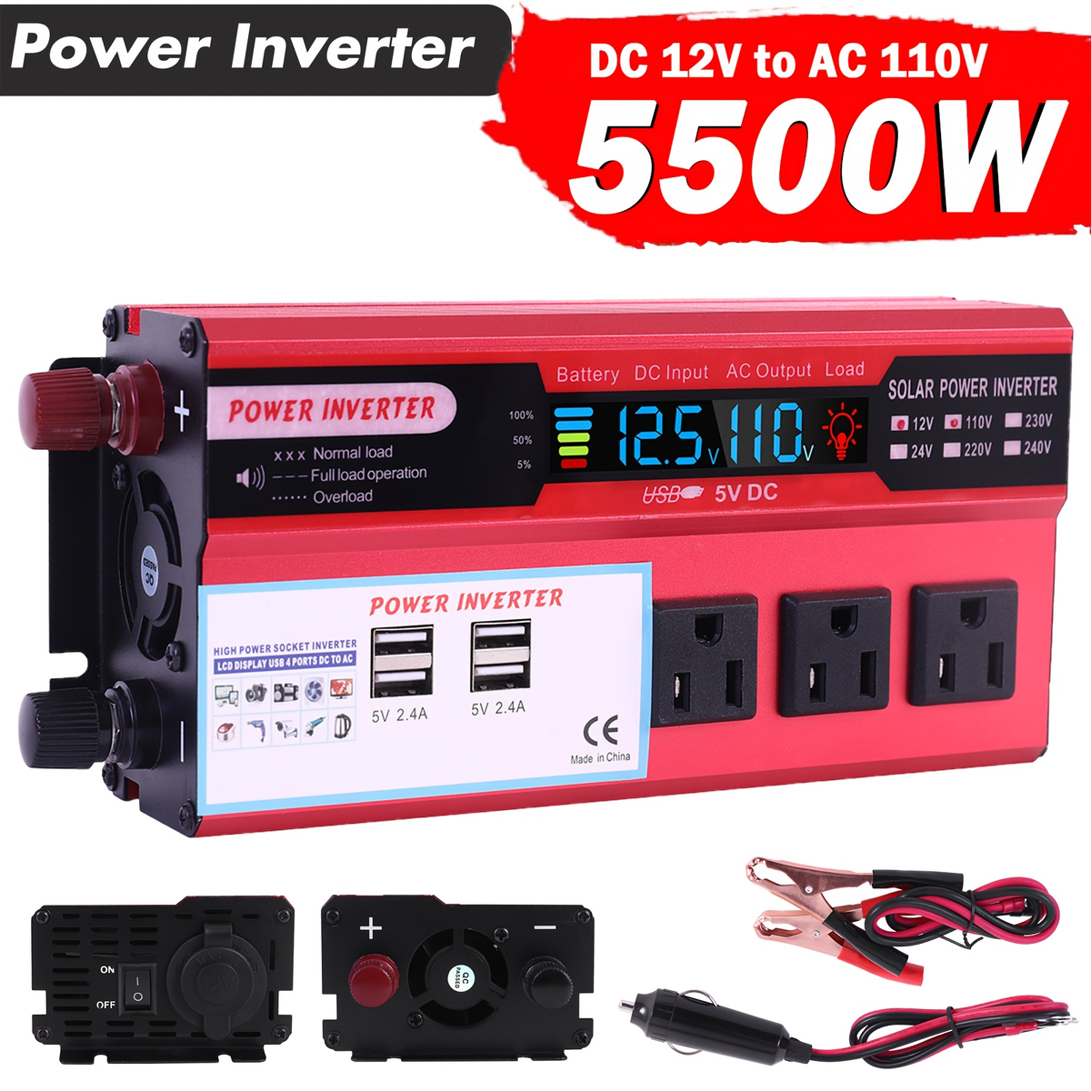 DC to AC Inverter 4000W 5500W 6500W 16000W Peak DC 12V to AC 110V High Power Car Inverter with USB Ports for Garden, Patio an