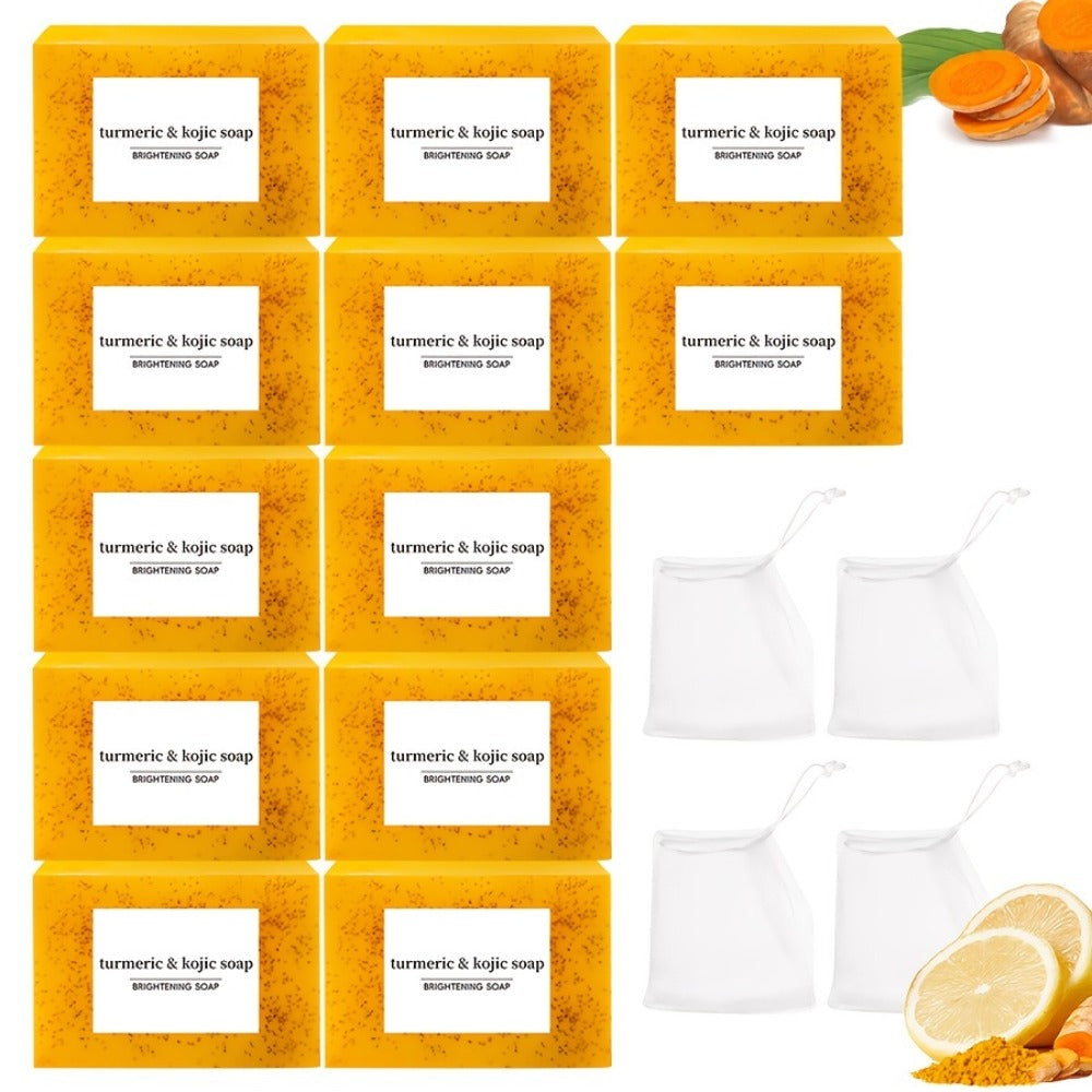Handmade Turmeric Lemon Soap Bar Set Natural Exfoliating Face Body Cleansing Oil Control Alcohol Free with Lathering Screens 