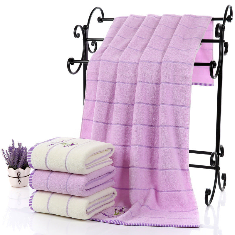 Lavender Embroidered Striped Bath Towel - Soft & Absorbent