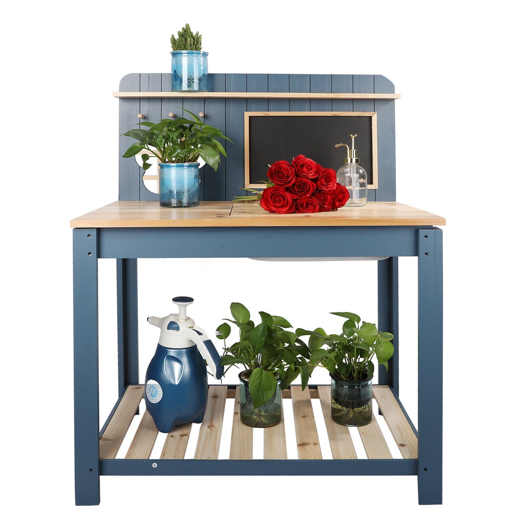 Potting Bench with Blackboard Removable Sink Hooks Double Shelf for Garden — image 5