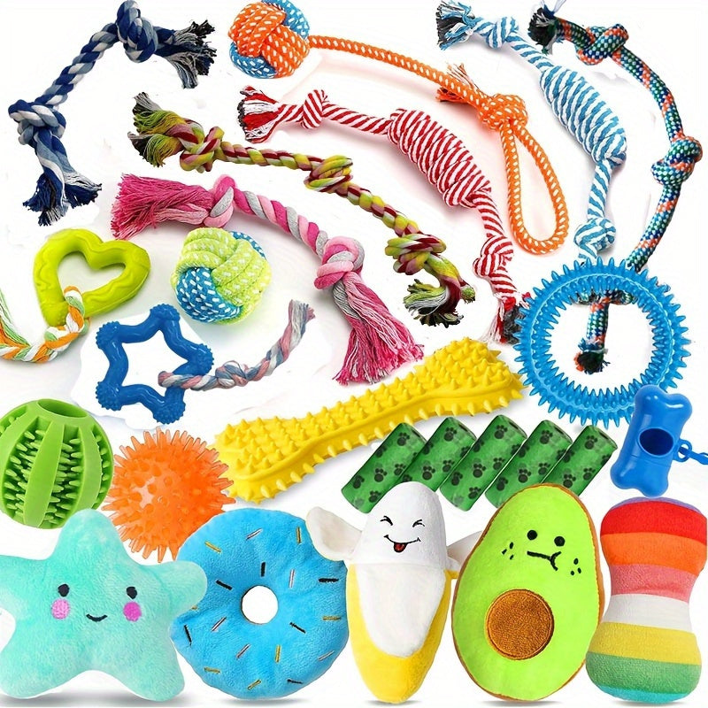 Dog Toy 25-Piece Puppy Set with 8 Ropes, 5 Squeaky Plush, 5 Rubber Chews, Treat Ball and Bag Rolls — image 1