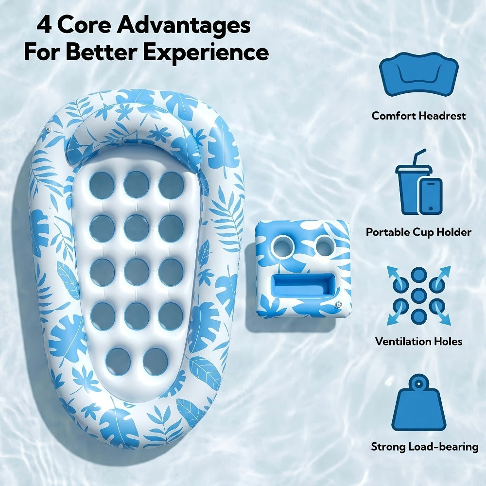 Blue-and-White Inflatable Pool Lounger with Backrest, Cup Holder and 77 x 50-Inch Pictured Size — image 3
