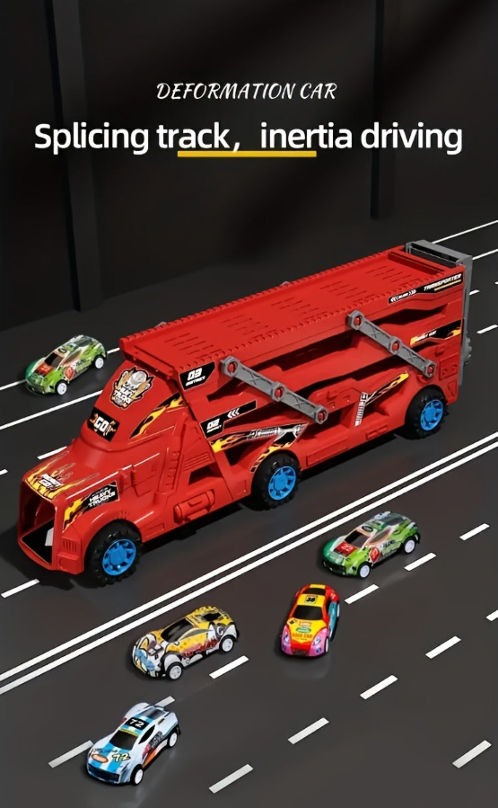Transforming Launcher Truck Playset with 8 Alloy Cars, Foldable Storage Transporter Toy, Car Carrier Truck with Launch Ramp —