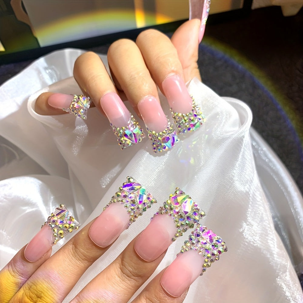 Press On Nails 10-Piece Long Duckbill Set with Nude French Tips, AB Diamond Finish and Nail Tools — image 2