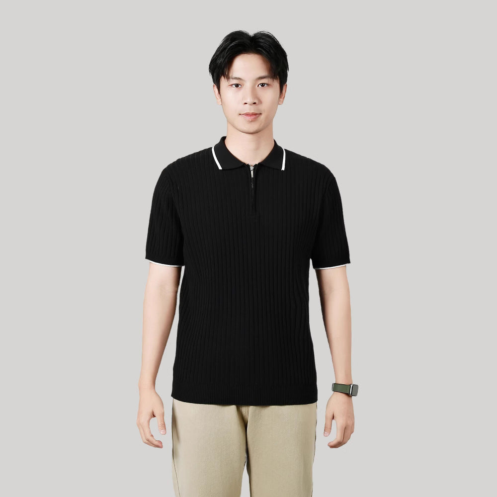 Men's Half-zip Ice Silk Knitted Lapel Vertical Striped Top