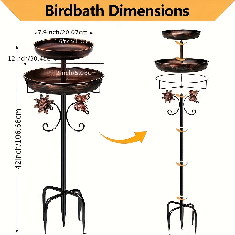 Two-Tier Bird Bath and Feeder with 5-Claw Ground Stake, Copper-Color Bowls and Leaf Accents — image 10