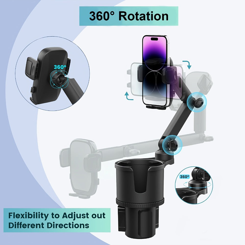 Cup-Holder Car Phone Mount with Bottle Recess, Double-Jointed Long Arm and Rotating Clamp Pictured — image 12
