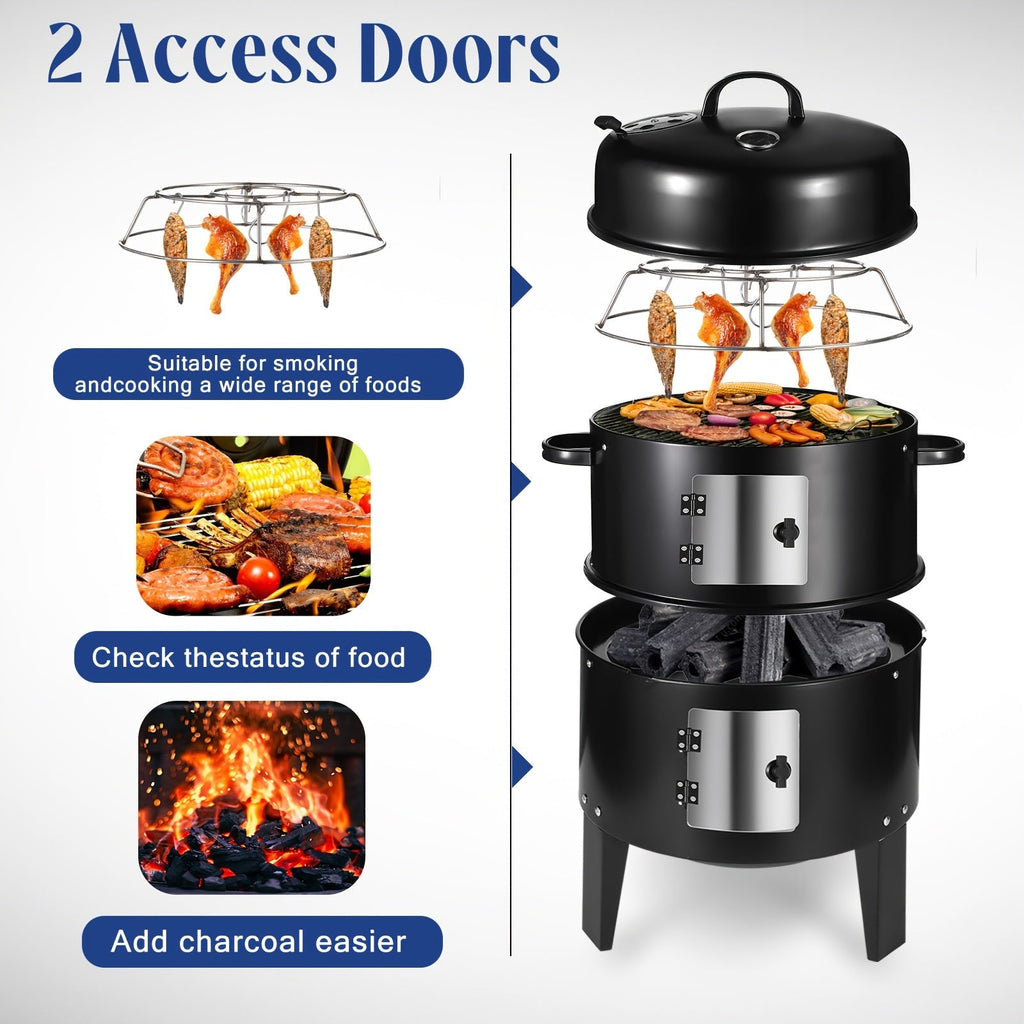 3-in-1 Barrel Charcoal Grill and Smoker with Two Access Doors, Top Vent, Thermometer and Upgrade Option — image 5