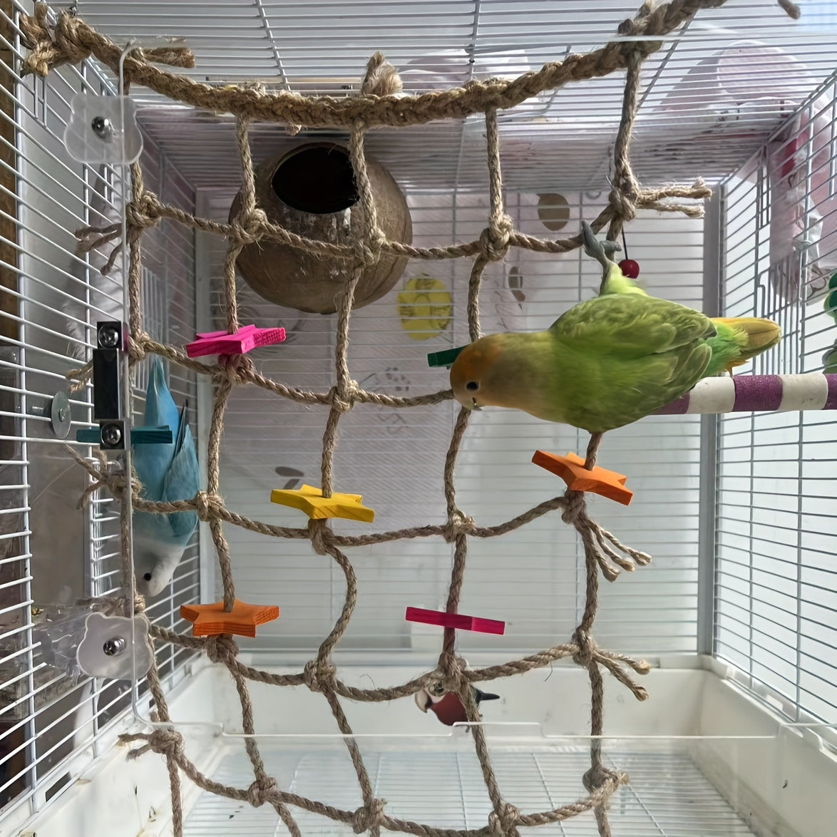 Hemp Rope Bird Climbing Net with Colorful Star Foot Shapes and Hanging Loops for Parakeet and Parrot Cages — image 4