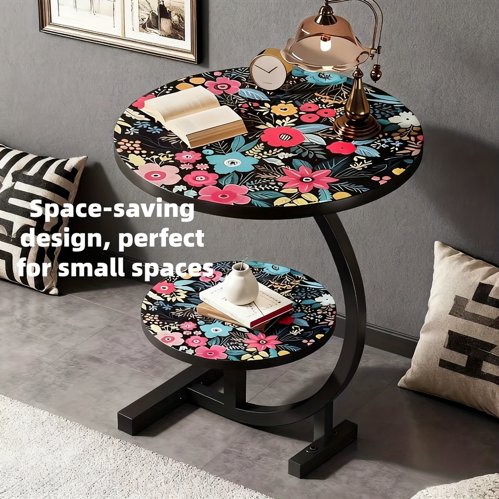 Side Table Round Floral Mandala Printed Top with Metal Frame for Indoor or Outdoor Accent Placement — image 14