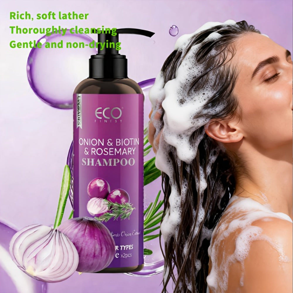 Onion, Biotin and Rosemary-Labeled Shampoo and Conditioner Set in Purple Pump Bottles with Jojoba Oil Wording — image 6
