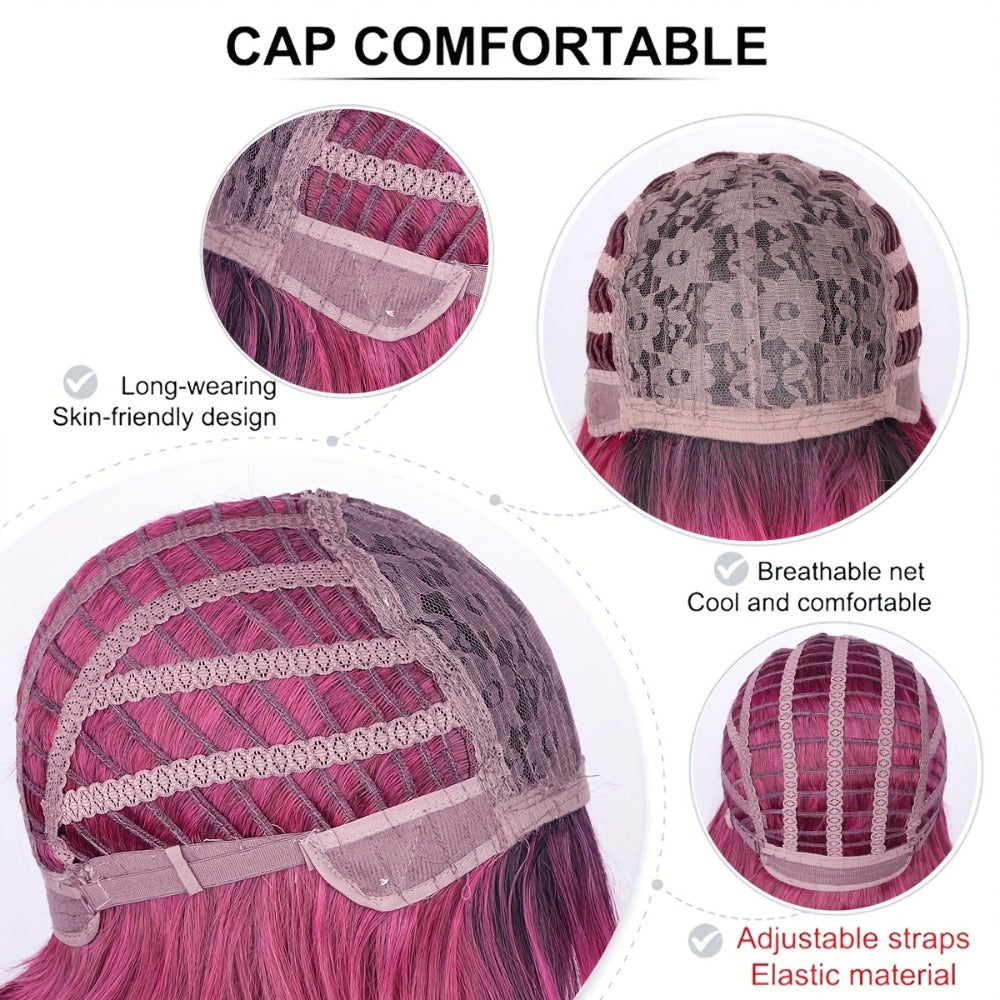 Synthetic Wig 28-Inch Rose-Red Gradient Waves with Air Bangs, 150% Density and Rose Net Cap — image 5
