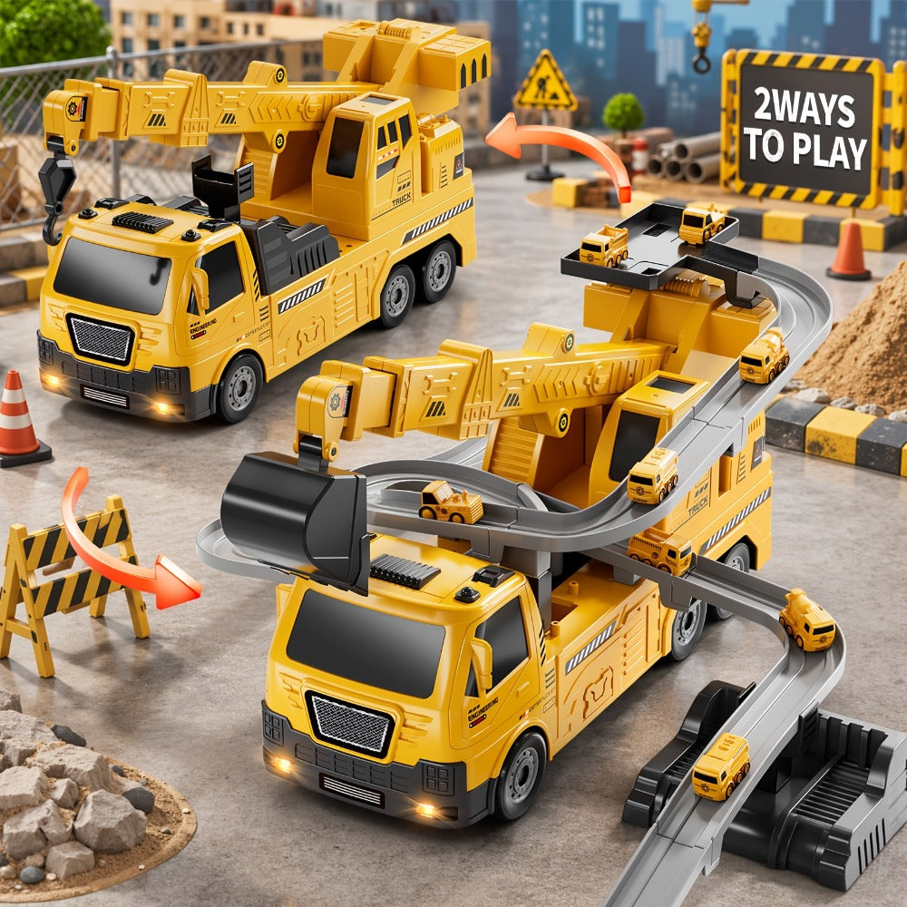 3-in-1 Crane Excavator & Racing Track Toy Set for Kids Ages 3+, Construction Vehicle Playset with Lights & Sounds — image 8