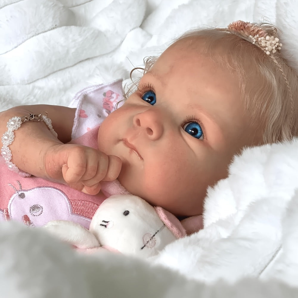 Reborn Baby Doll 16-Inch Cloth Body with Rooted Blonde Hair, Open Eyes, Pink Romper and Pacifier Set — image 4