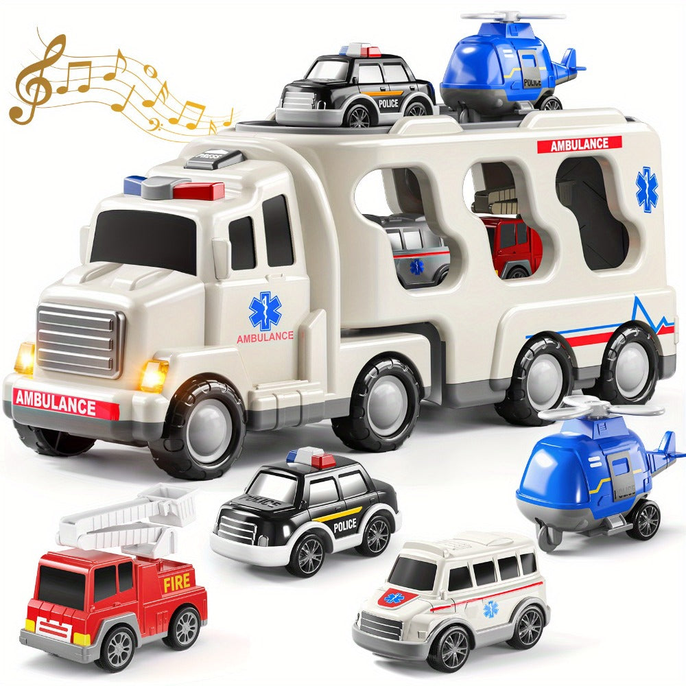 Ambulance Truck Toy 5-in-1 Carrier Set with Lights & Sounds, Friction Power Emergency Vehicle Playset for Kids Boys Ages 3+ —