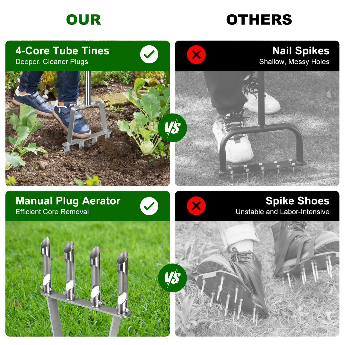Four-Tine Manual Lawn Core Aerator in Black with T-Handle, Foot Bar and Hollow Plugging Tubes — image 6