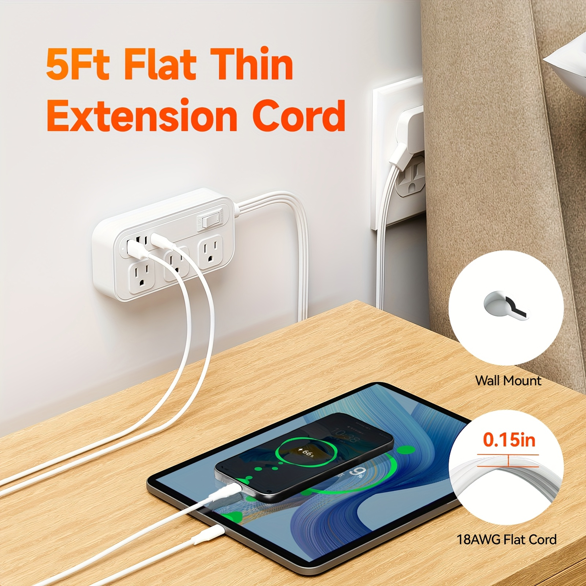 Power Strip Flat Plug with 6 AC Outlets, 2 USB-A, 2 USB-C and 3-Inch, 5-Foot or 10-Foot Cord Options — image 12