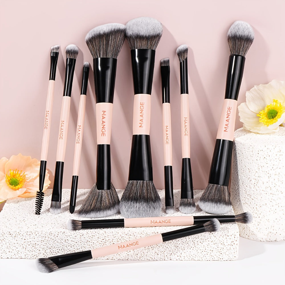 Makeup Brush Set, 10-Piece Double-Ended Nylon Bristle Collection with Cosmetic Bag and Three Color Options — image 12