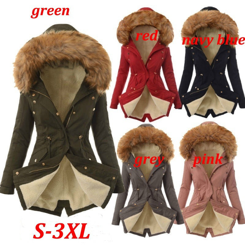 Pure Color Hooded Slim Warm Zipper Jacket Women Padded Coat