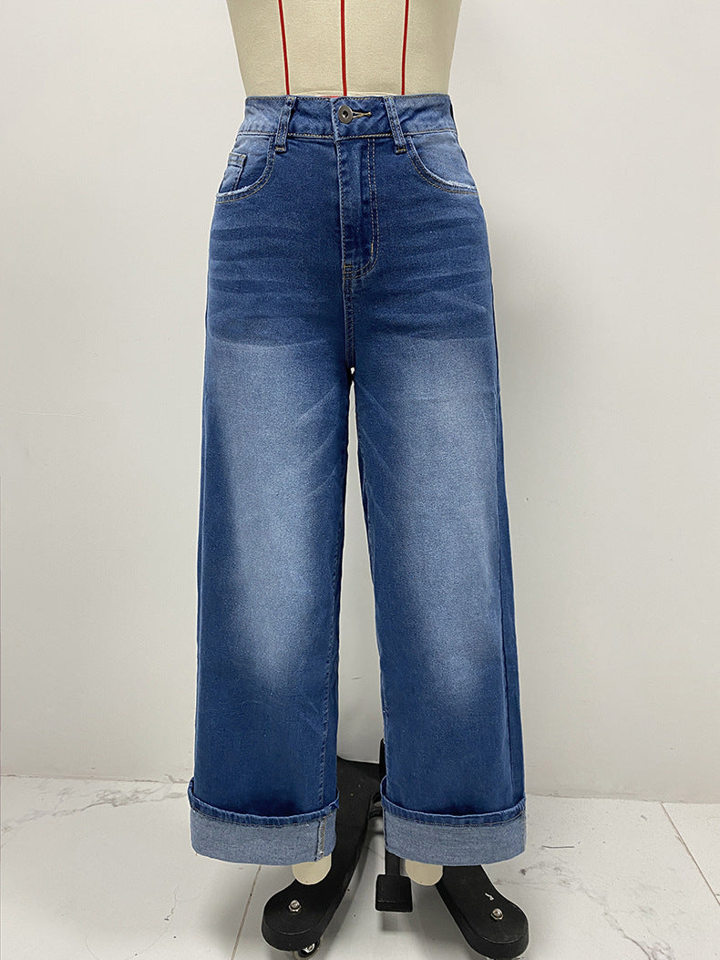 High-waisted Trousers-foot Curling Straight Jeans
