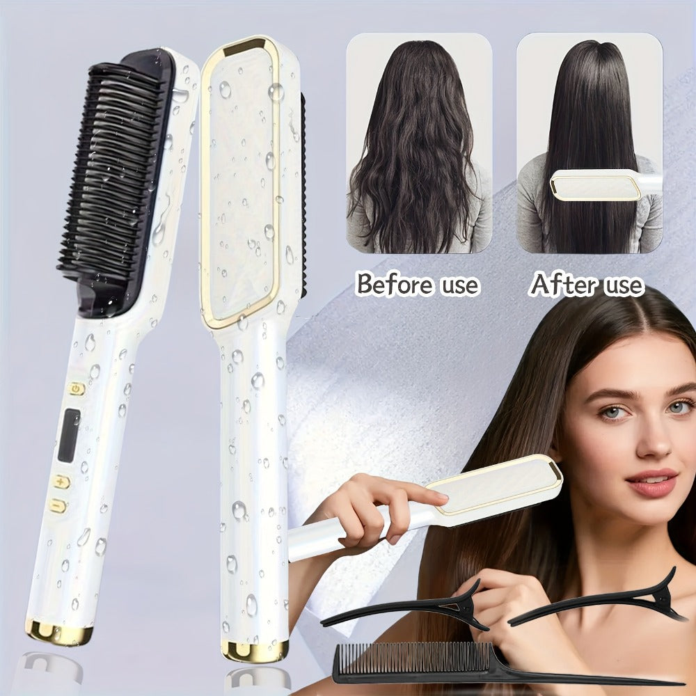 2-in-1 Hair Straightener & Curler LCD Display – 35-Second Fast Heat 4-Speed Temperature Anti-Scald Flat Iron Brush for Women 