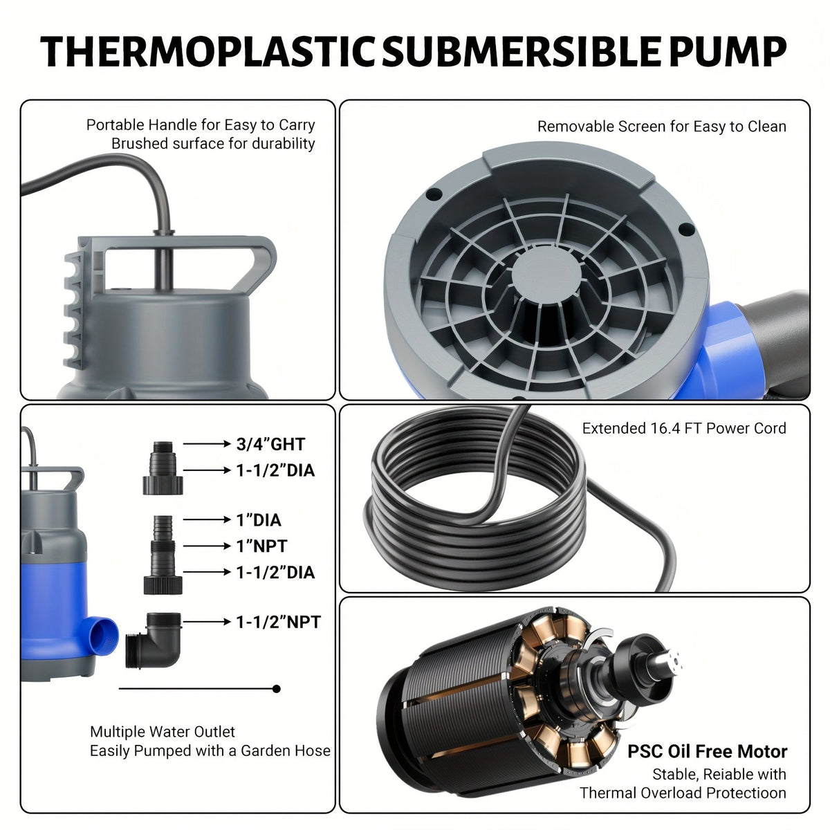 Submersible Sump Pump 1HP 4600GPH Portable Utility Water Pump for Pool Basement Flood Hot Tub — image 7