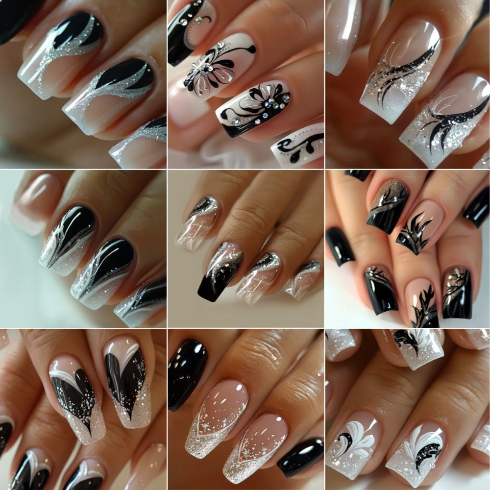 Press On Nails 216-Piece Medium Square Black White 3D Butterfly Marble Set with Jelly Glue and File — image 2