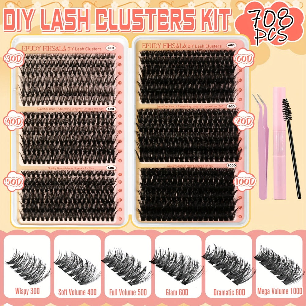 Lash Extension Kit with 708 Clusters in 8-16mm Mixed Lengths and 30D-100D Densities, Glue, Tweezers and Brush — image 3