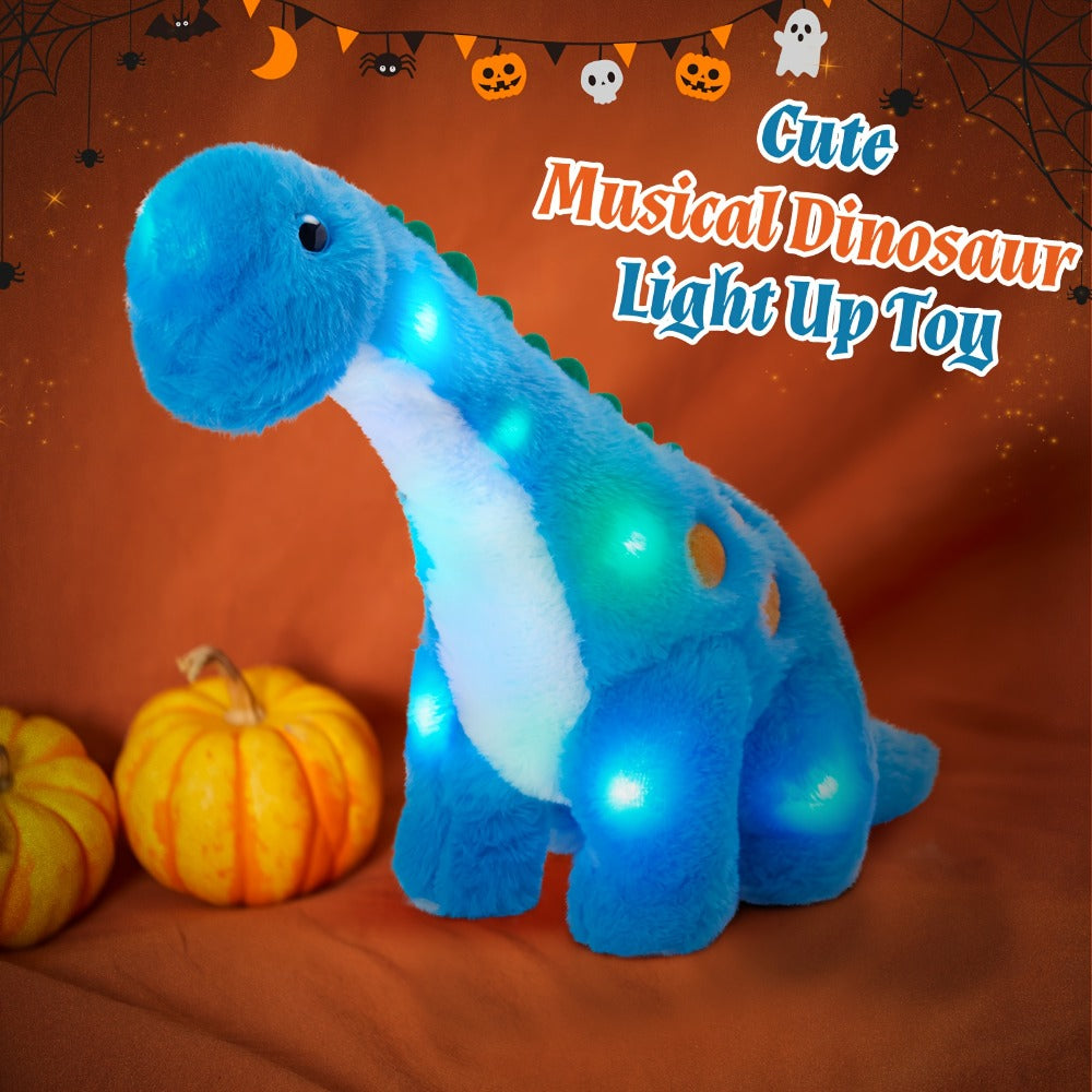 Plush Toy Blue Dinosaur with LED Glow and Optional Music for Colorful Interactive Display for Character Display, Room Decor a