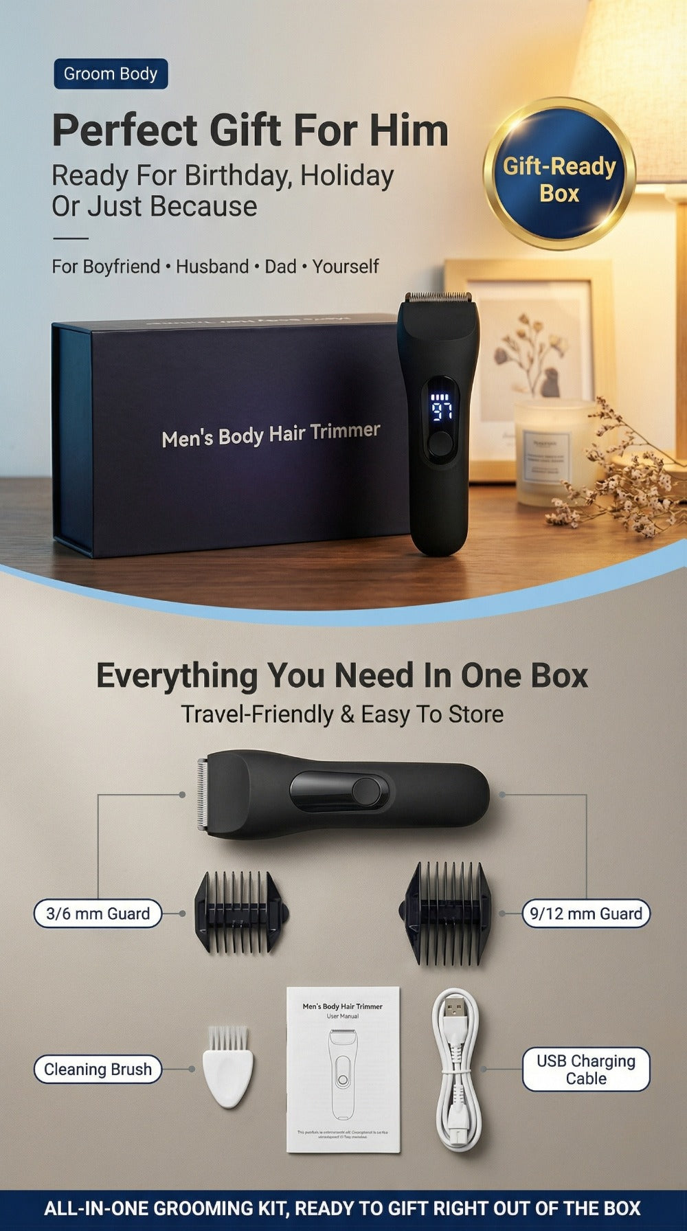 Waterproof Beard Trimmer 5-in-1 Body Grooming Kit for Men IP67 USB Rechargeable Electric Razor with Ceramic Blades LED Displa