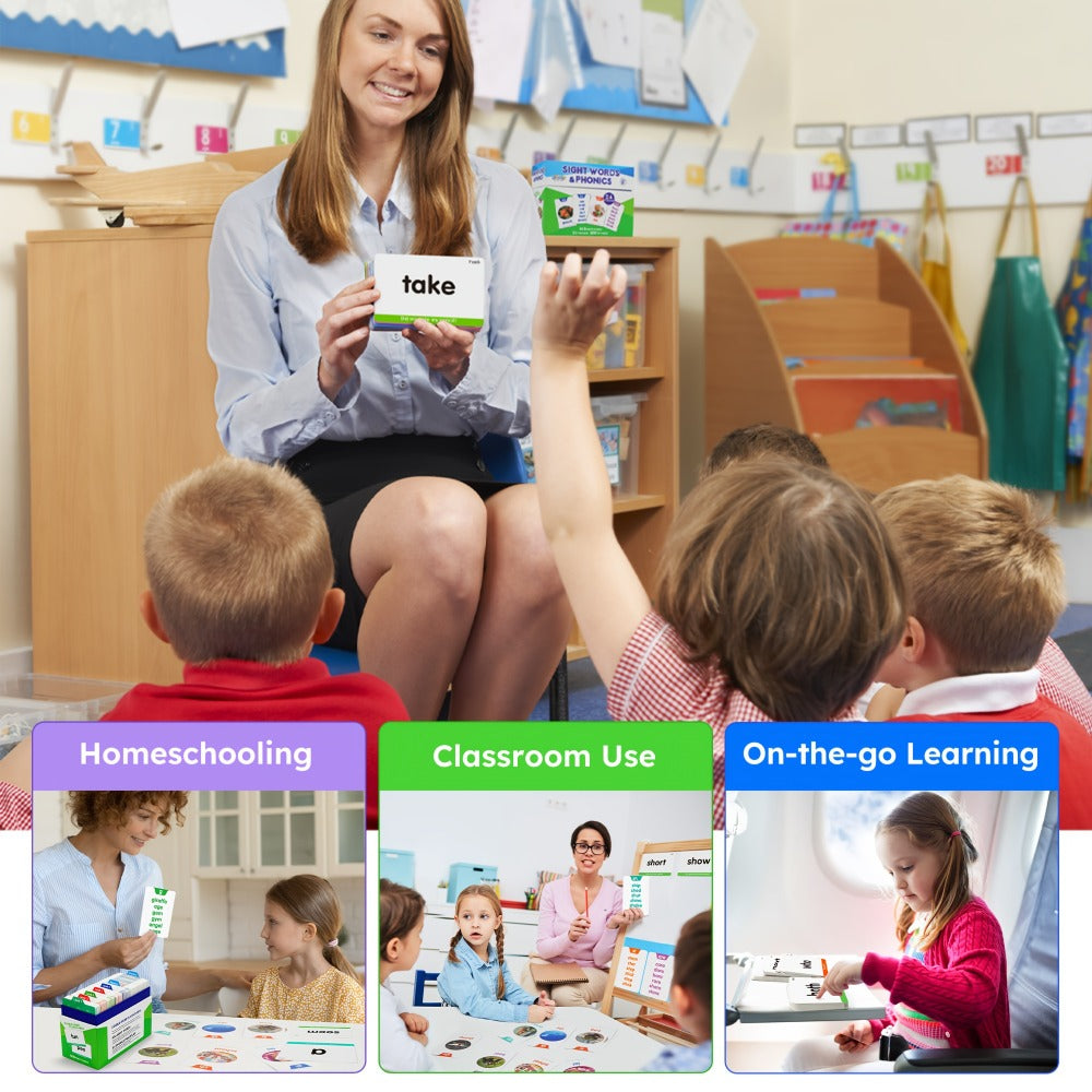Sight Words Flash Cards 500 Cards & 150 Phonics Cards Set 1000+ Dolch Fry High Frequency Words CVC Blends Long Vowels | Learn