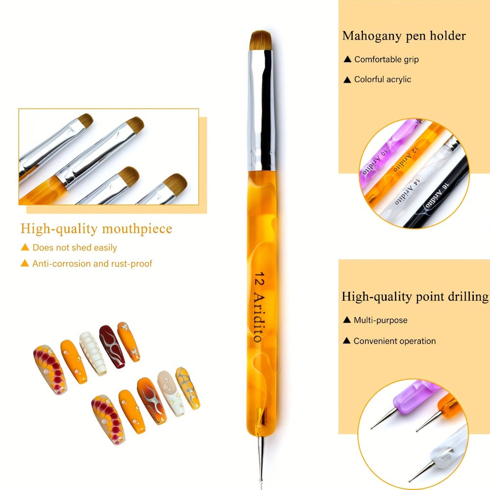 Nail Art Brush Set 4pcs Fine Tip Detail Brushes with Dotting Tool – Nylon Bristle Precision Manicure Brushes #10 #12 #14 #16 