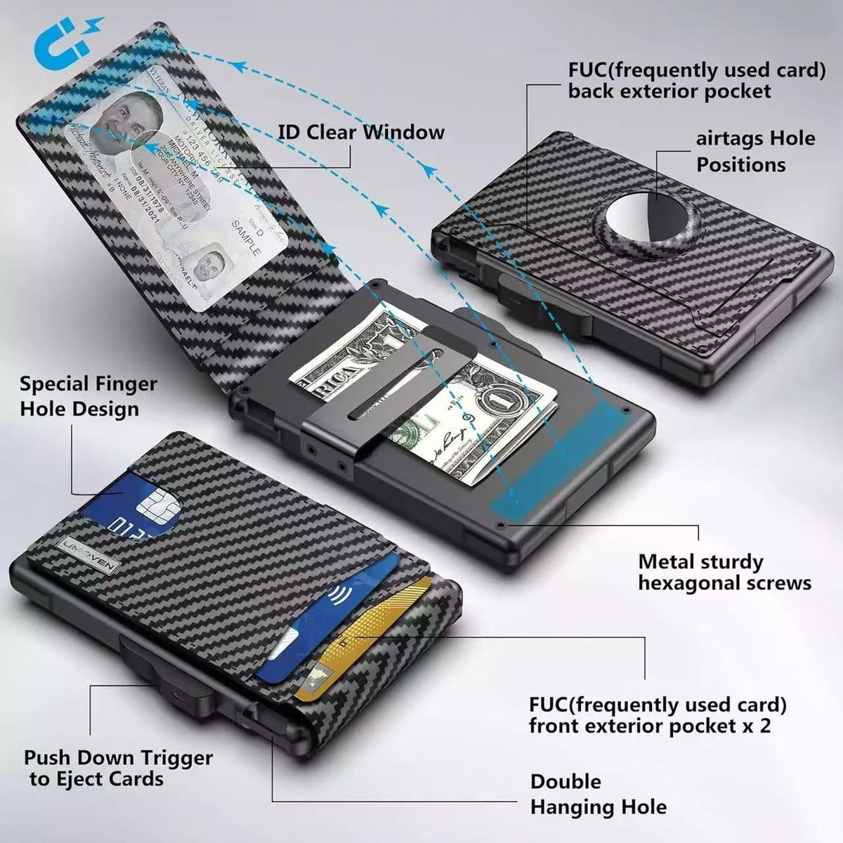 Wallet Men's Card Holder Large Capacity Flip Carbon Fiber Metal Cartridge