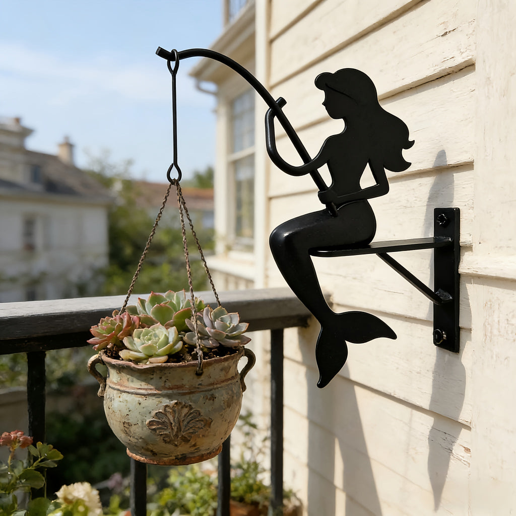 Wall Planter Hanging Iron Art Mermaid Flower Pot Holder for Balcony Vertical Garden – Creative Fisherman Theme Indoor Outdoor