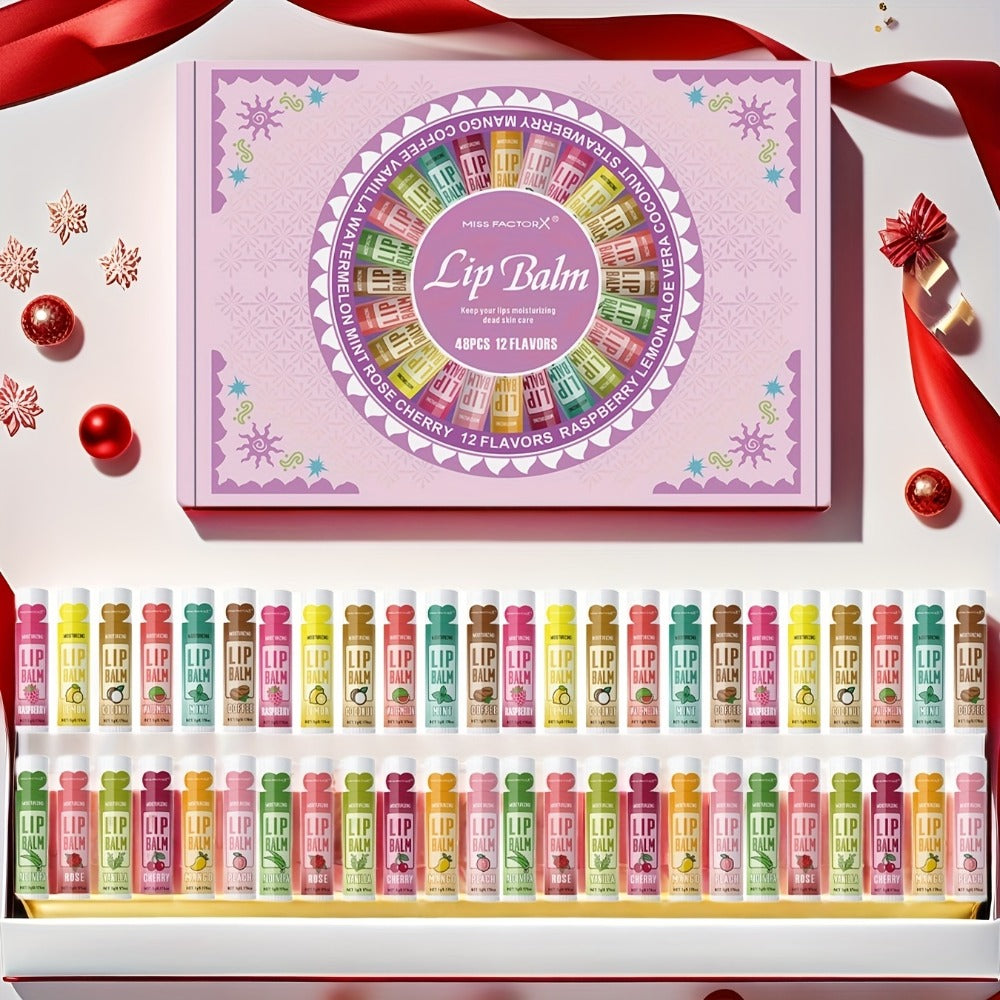 Lip Balm Gift Set 48pcs MISS FACTORX – Moisturizing Glycerin Lip Butter, Hypoallergenic Natural Finish for All Skin Types — i