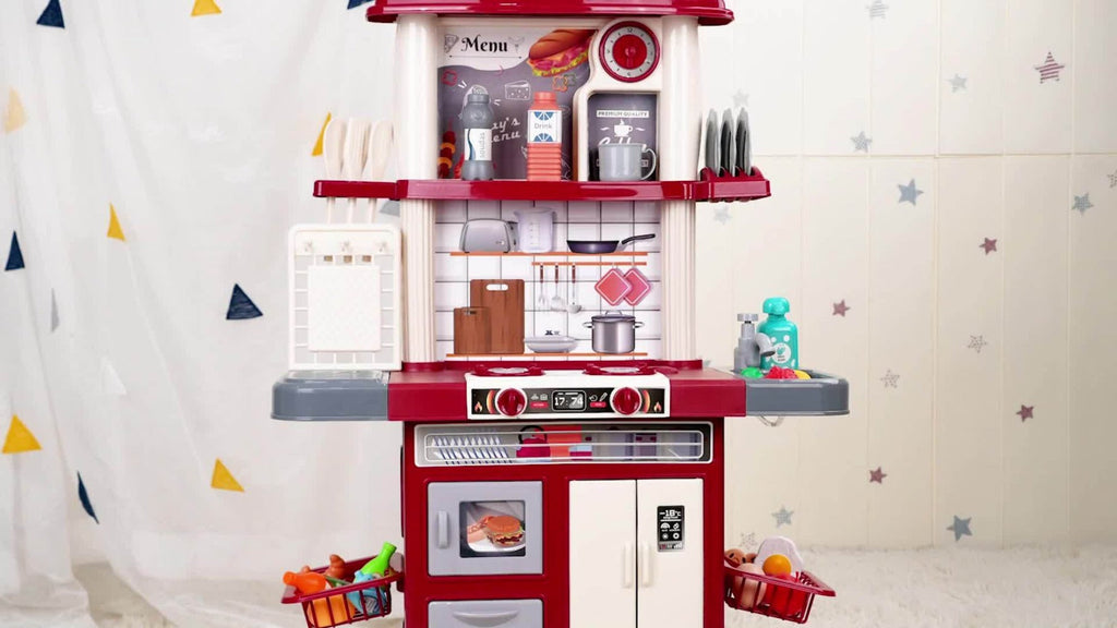 Play Kitchen Set with Lights Sounds & Spray, Toy Kitchen Playset with Oven Sink Fridge & Play Food for Kids Ages 3 4 5 6 7 8 