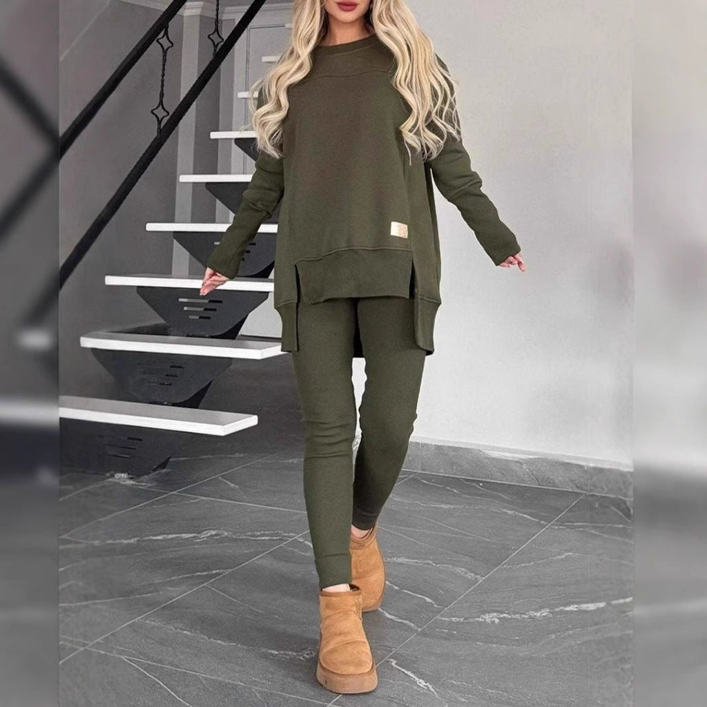 Women's Slit Long Sleeve Top And Trousers Suit