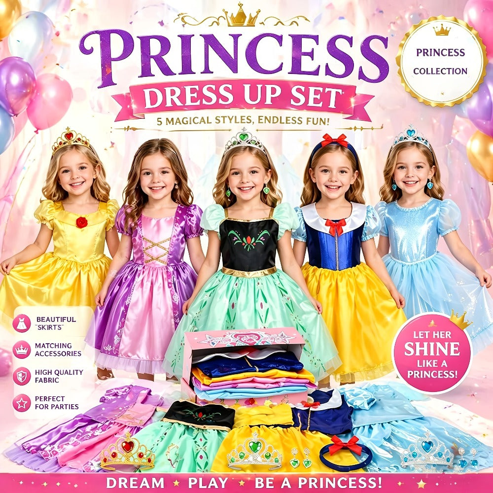 Girls Princess Dress Up Costume Set 14pcs, 5 Role Play Outfits with Crowns, Earrings & Storage Box — image 12
