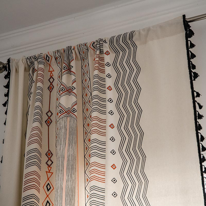 Boho Cream Cotton And Linen Print Sun Shade Non-punched Curtain Fabric