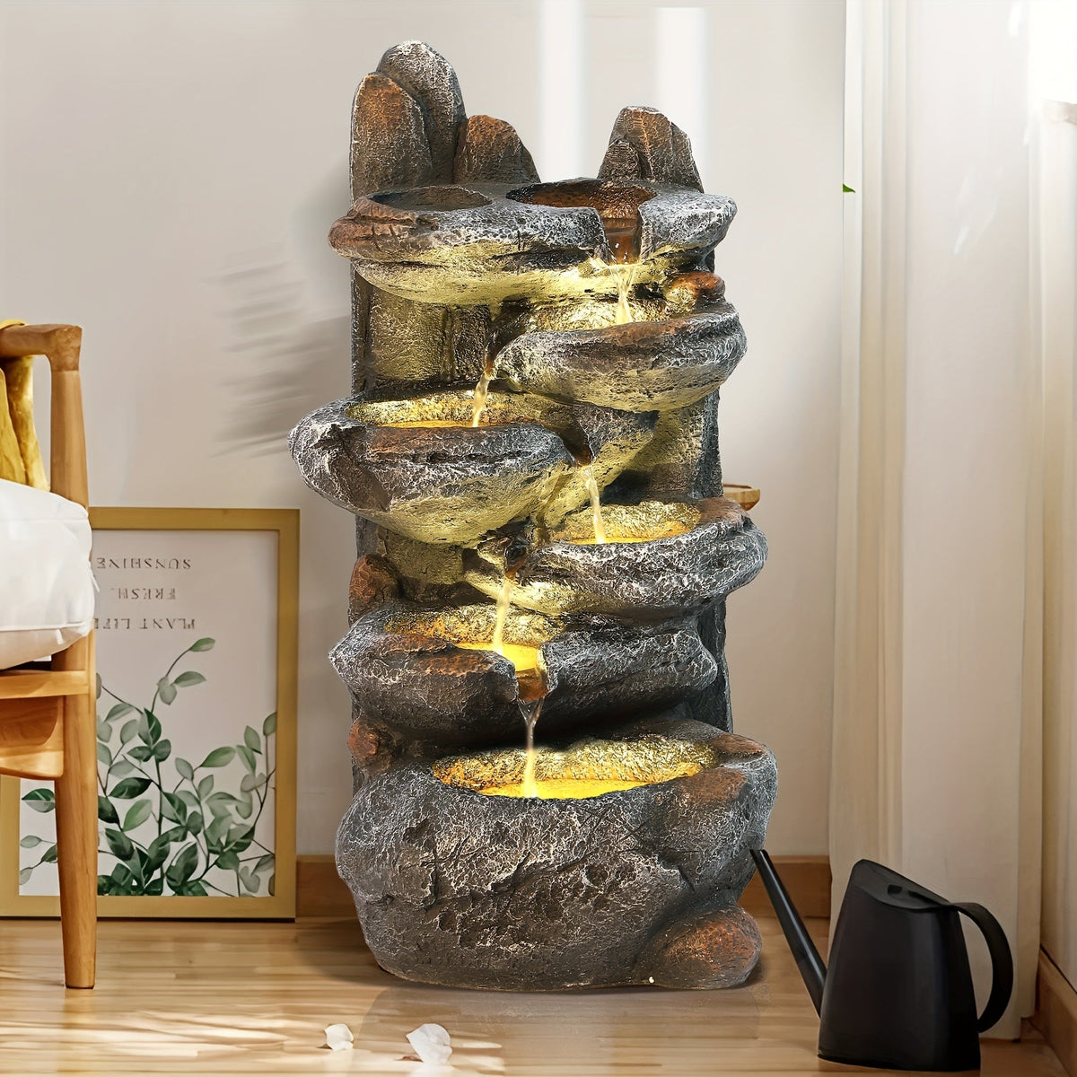 Outdoor Water Fountain 6-Tier Cascading Garden Fountain with LED Lights, Pump & Rocky Peak Decor — image 3