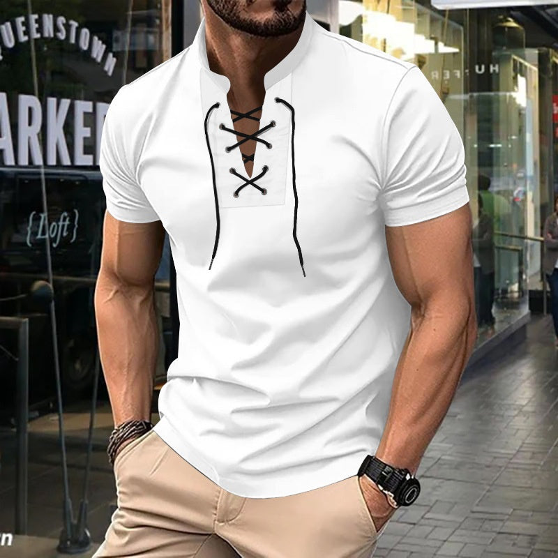 Men's Thin V-neck V-tie Casual Sporty Short Sleeve