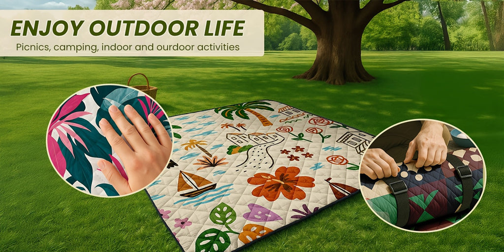 Large Padded Picnic Blanket with Carry Straps in Geometric, Palm-Village or Tropical Leaf Prints — image 16