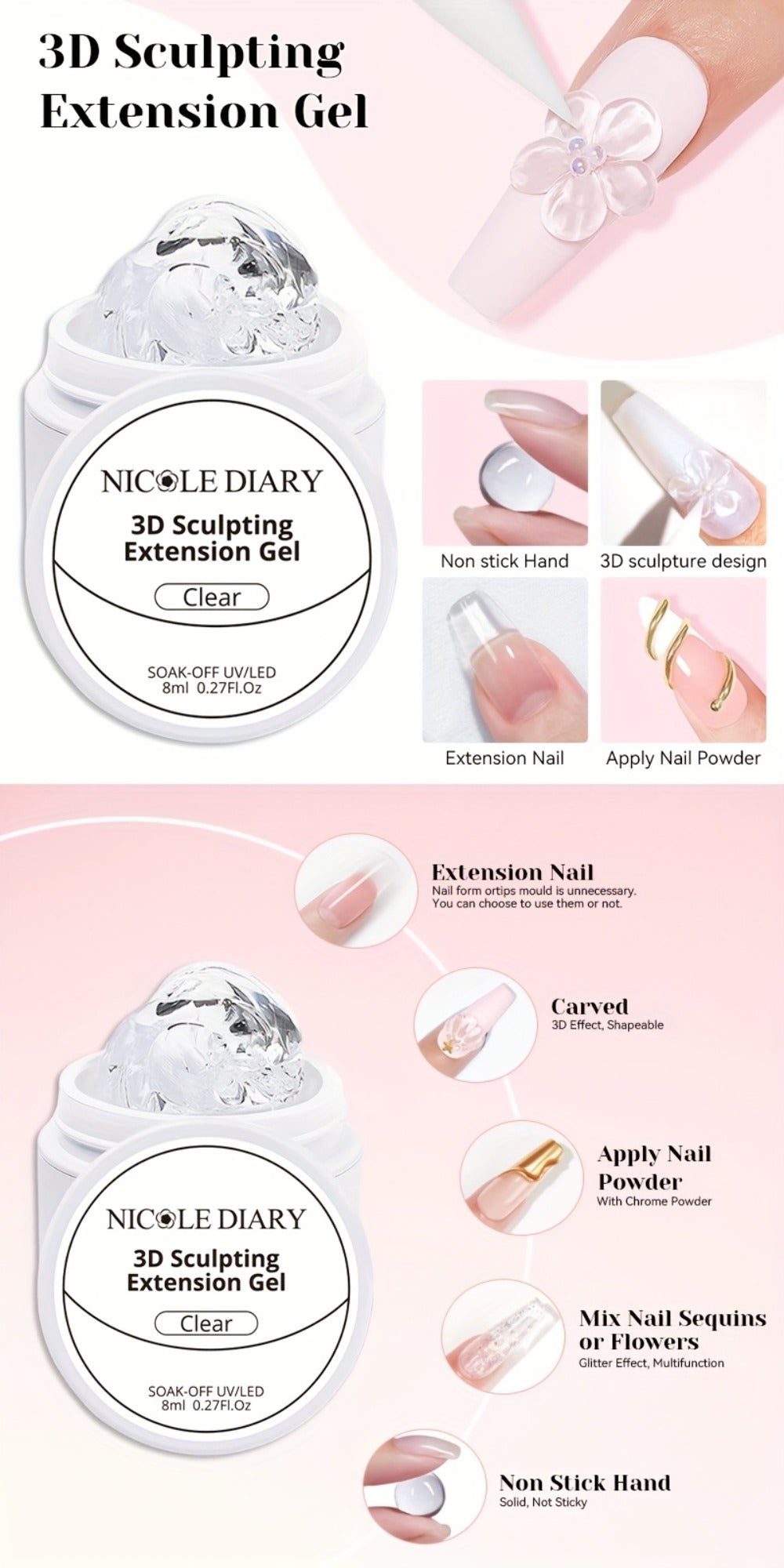 3D Sculpting Builder Gel Kit with Carving Pen – Clear & White Nail Extension Gel for Floral Nail Art, Acrylic Extensions & DI