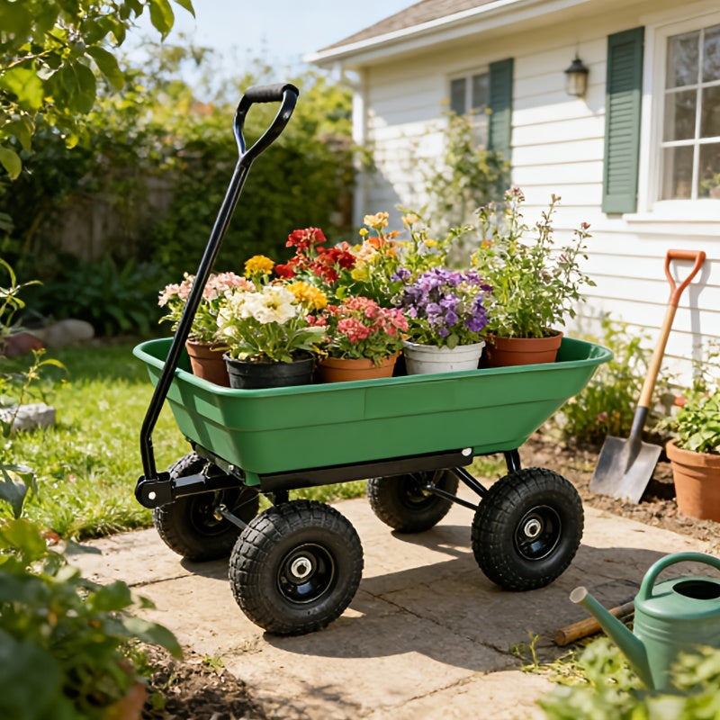Garden Dump Cart 4-Wheel Steel Frame Poly Bed Quick-Release Dump Feature Foldable D-Handle Yard Wagon for Landscaping Lawn — 